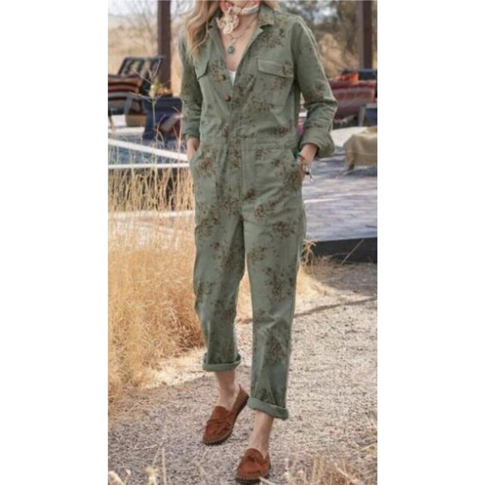 FREE PEOPLE DRIFTWOOD CARLY BRUSHED DENIM JUMPSUIT COVERALLS SIZE M